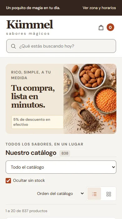Pantalla de inicio de la tienda de Kümmel con el catálogo de frutos secos y especias