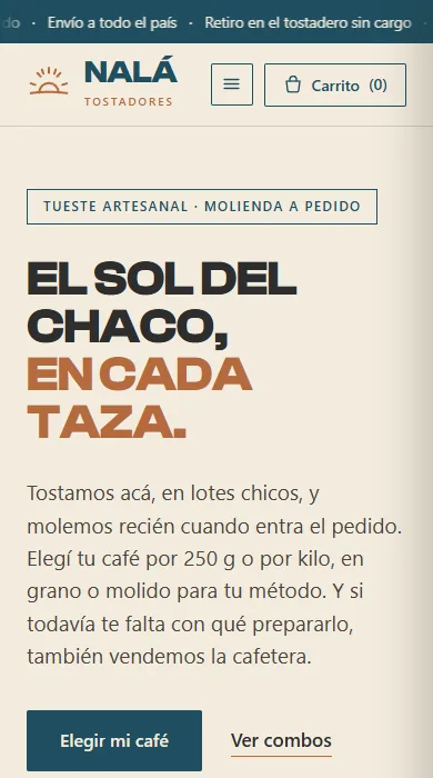 Pantalla de inicio del sitio de Nalá Tostadores