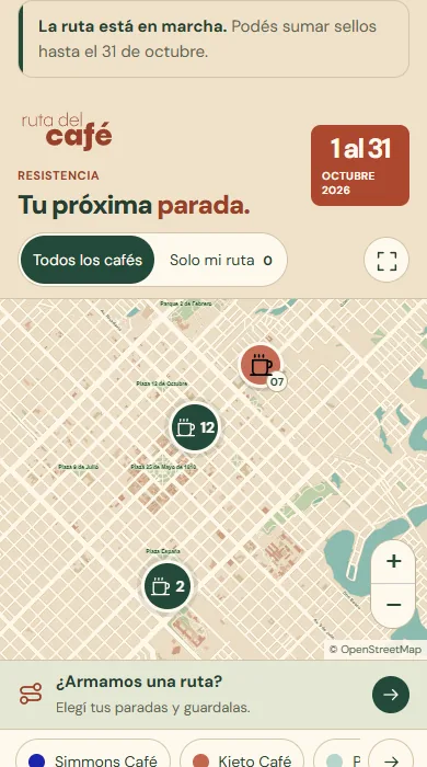 Pantalla de la Ruta del Café con el mapa de Resistencia y las cafeterías