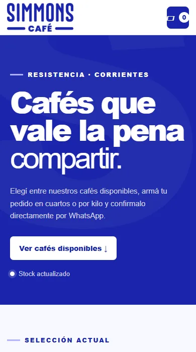 Pantalla de inicio del catálogo de Simmons Café